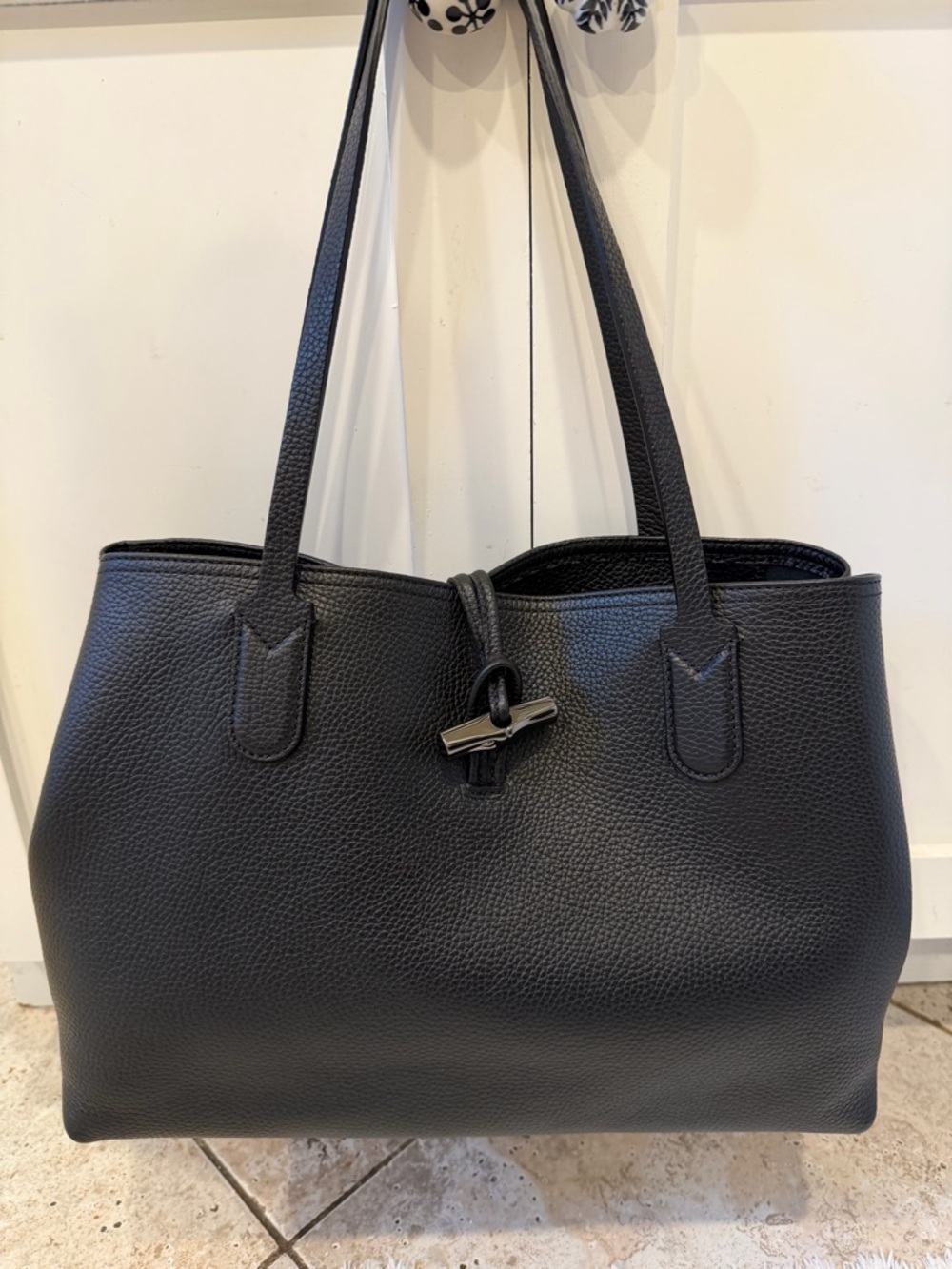 Longchamp Black Pebbled Leather Tote with Toggle Closure